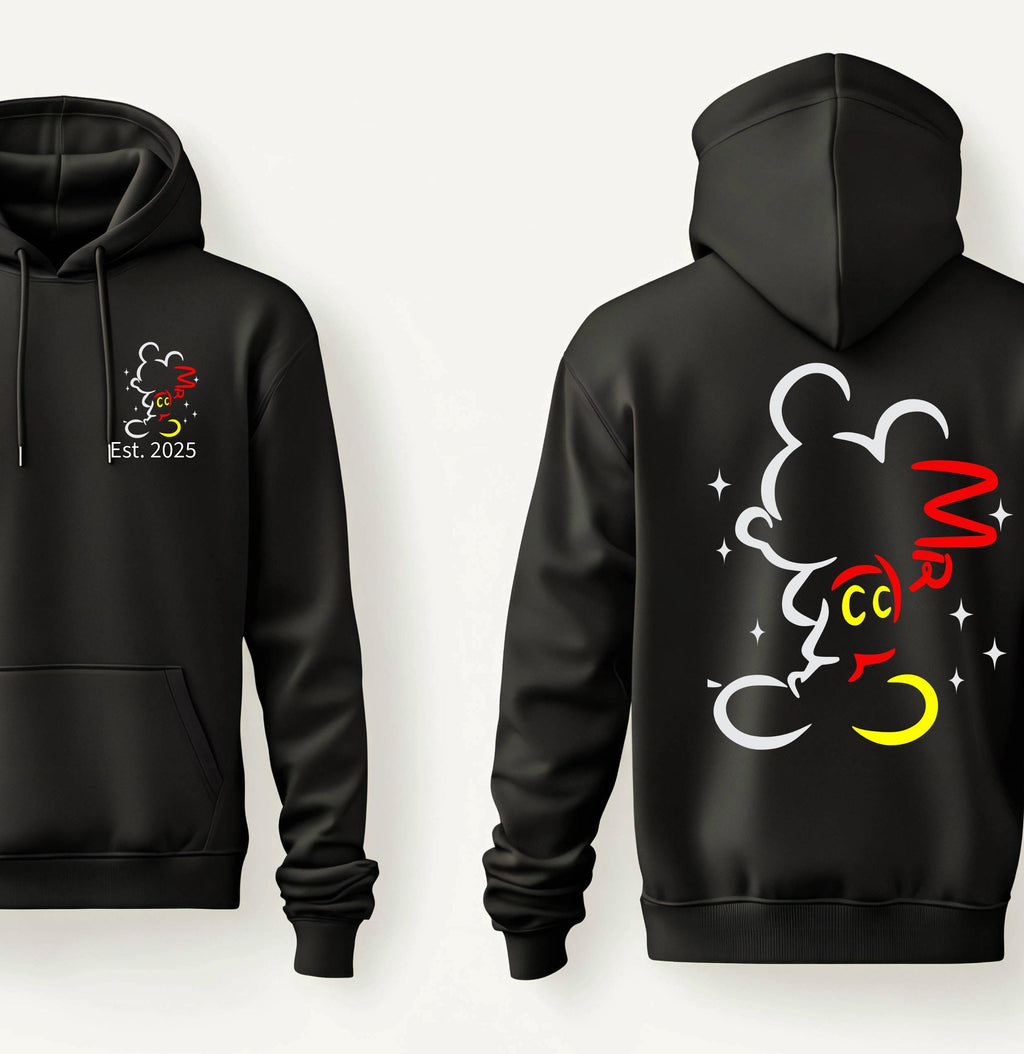 Personalised Mr and Mrs Disney Hoodies – Matching Mickey & Minnie Couple Hoodie – Est. Date – Wedding Gift, Honeymoon Outfit