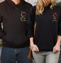 Personalised Mr and Mrs Disney Hoodies – Matching Mickey & Minnie Couple Hoodie – Est. Date – Wedding Gift, Honeymoon Outfit