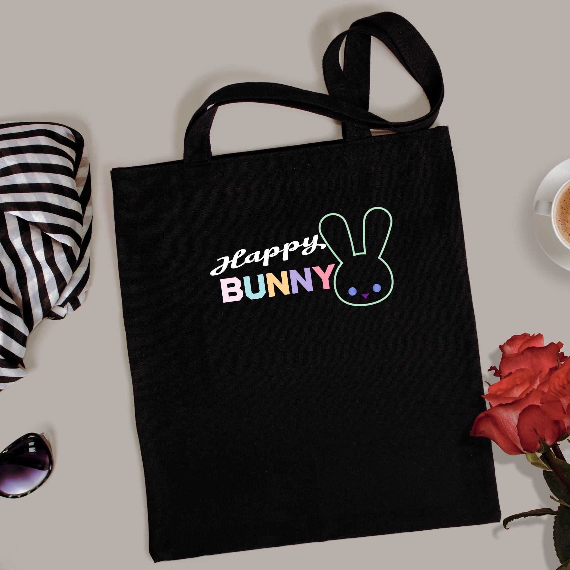 Happy Bunny Tote Bag: Black Cotton Blend Eco Shopper