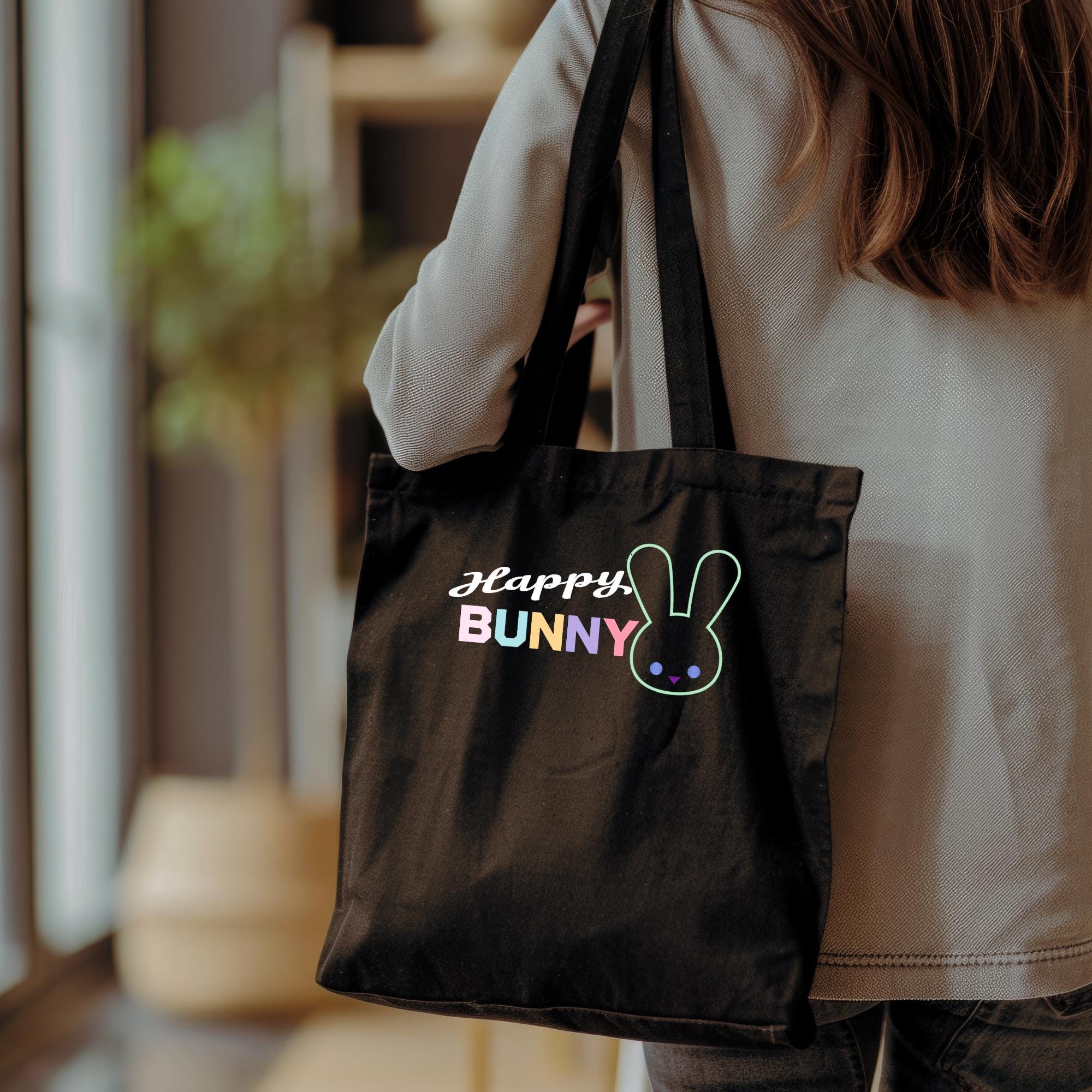 Happy Bunny Tote Bag: Black Cotton Blend Eco Shopper