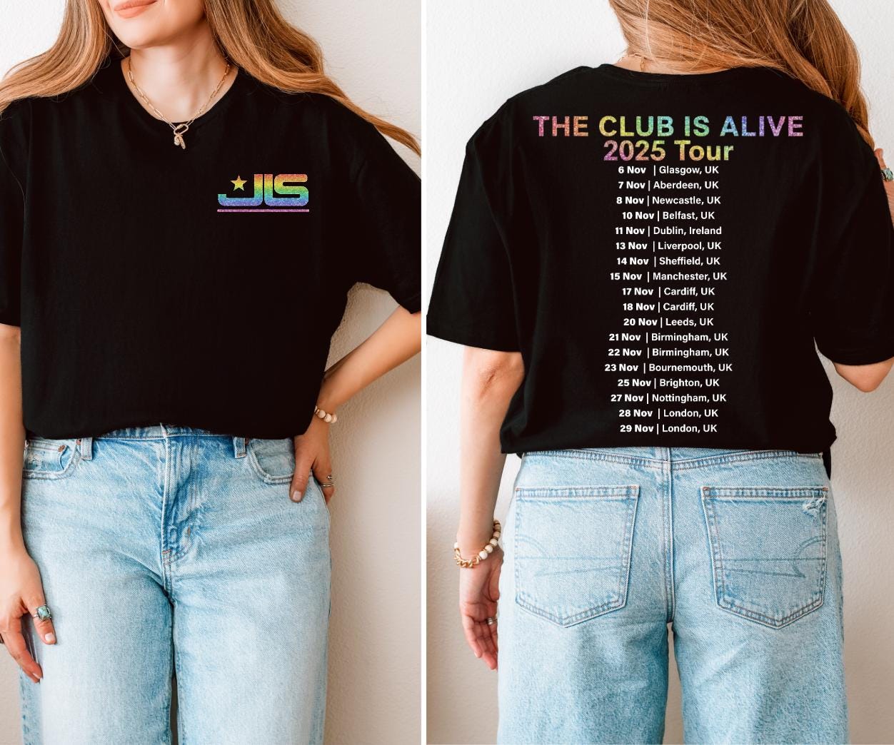 JLS Tour 2025 T-Shirt: Rainbow Glitter Logo, UK Tour Dates - Quick Turnaround
