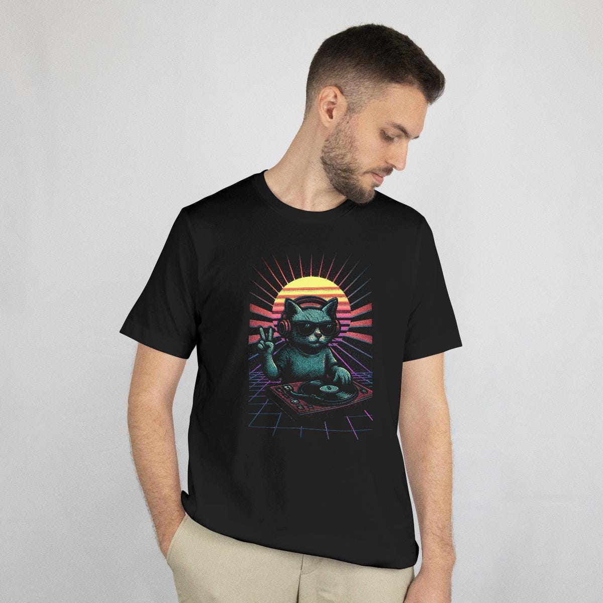 DJ Cat Retro Vibes T-Shirt in Black