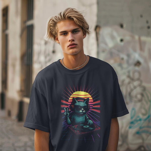 DJ Cat Retro Vibes T-Shirt in Navy
