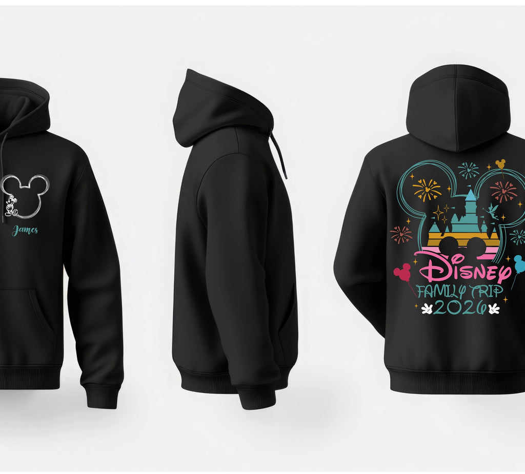 Personalised Disney Hoodie – Mickey or Minnie Back Design | Family Holiday Matching | Custom Name