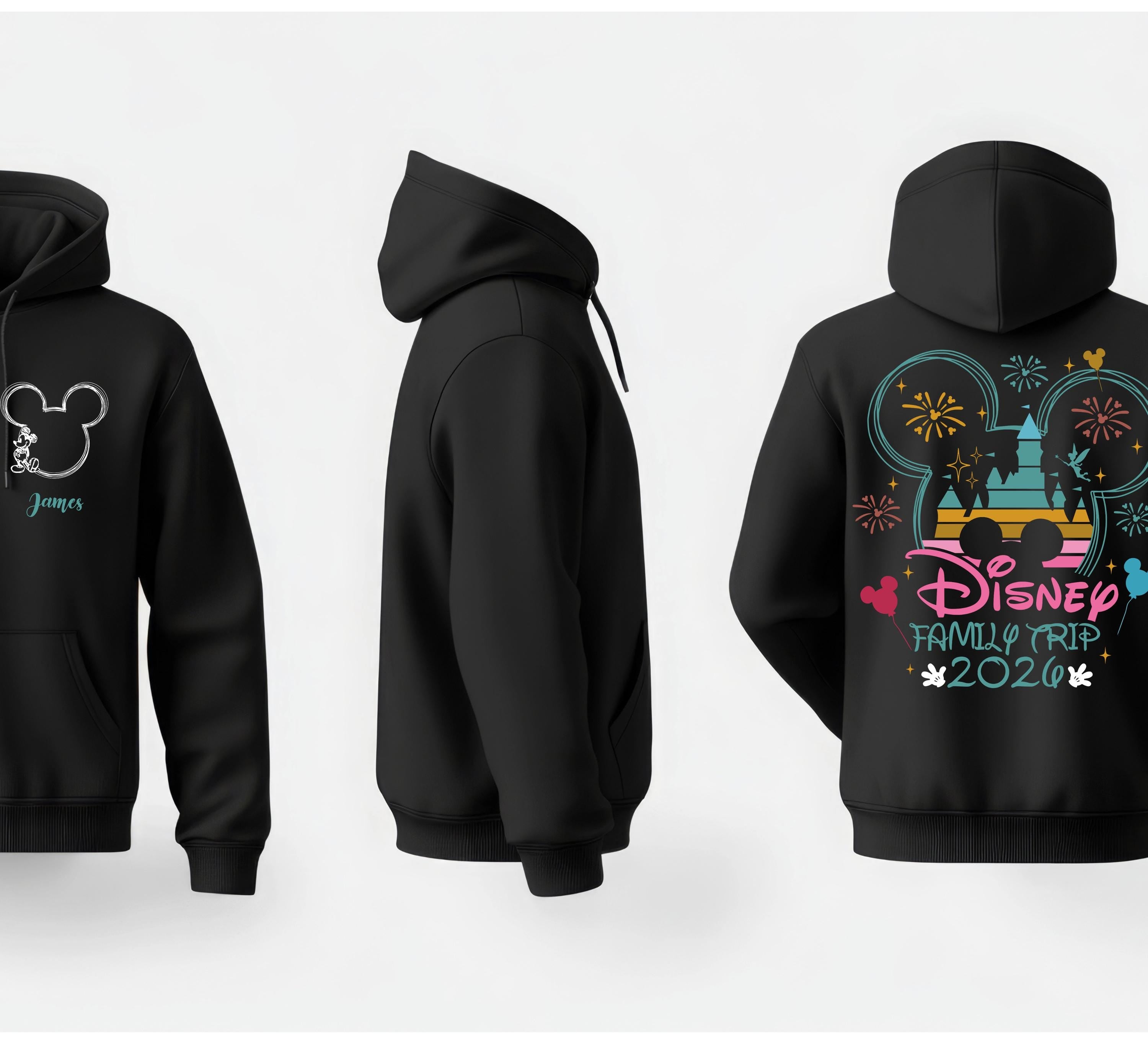 Personalised Disney Hoodie – Mickey or Minnie Back Design | Family Holiday Matching | Custom Name