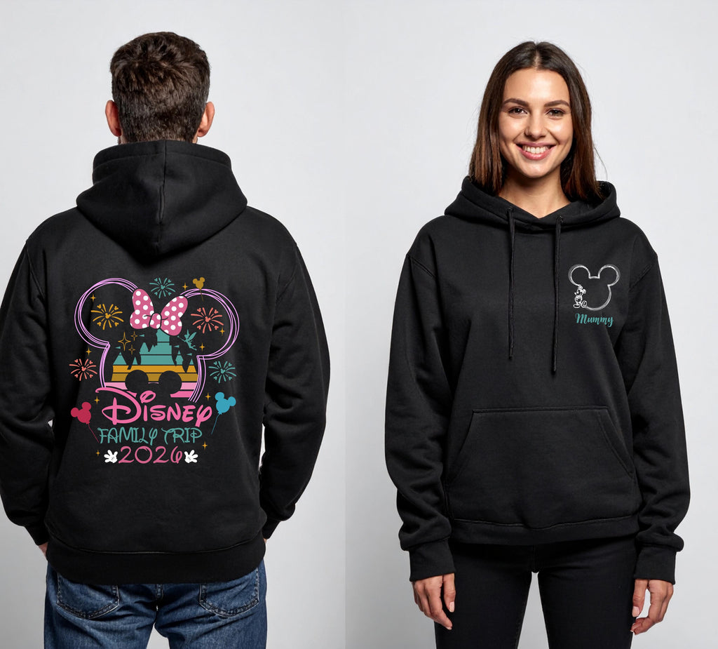 Personalised Disney Hoodie – Mickey or Minnie Back Design | Family Holiday Matching | Custom Name
