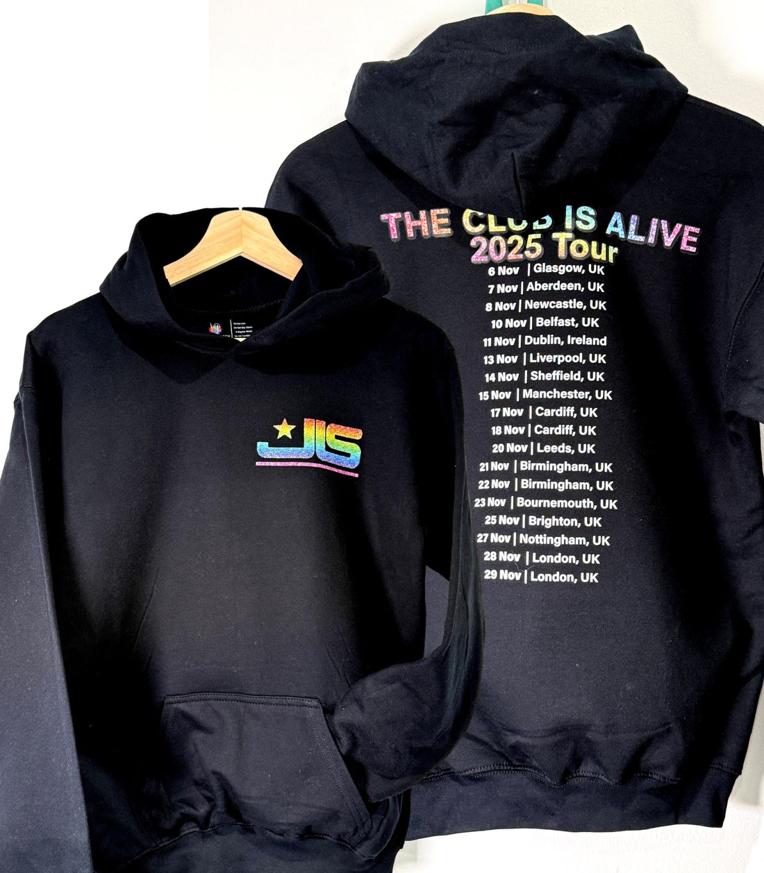 JLS 2025 Tour Hoodie: The Club Is Alive, Rainbow Sparkle Glitter Effect Logo