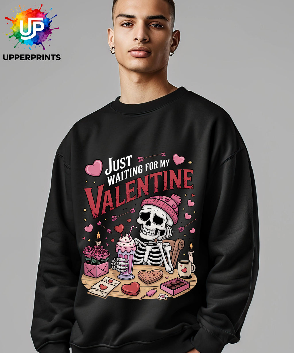 Funny Valentine's Sweatshirt - 'Just Waiting for My Valentine' Skeleton Graphic Tee, Perfect for Singles, Available in S to 5XL