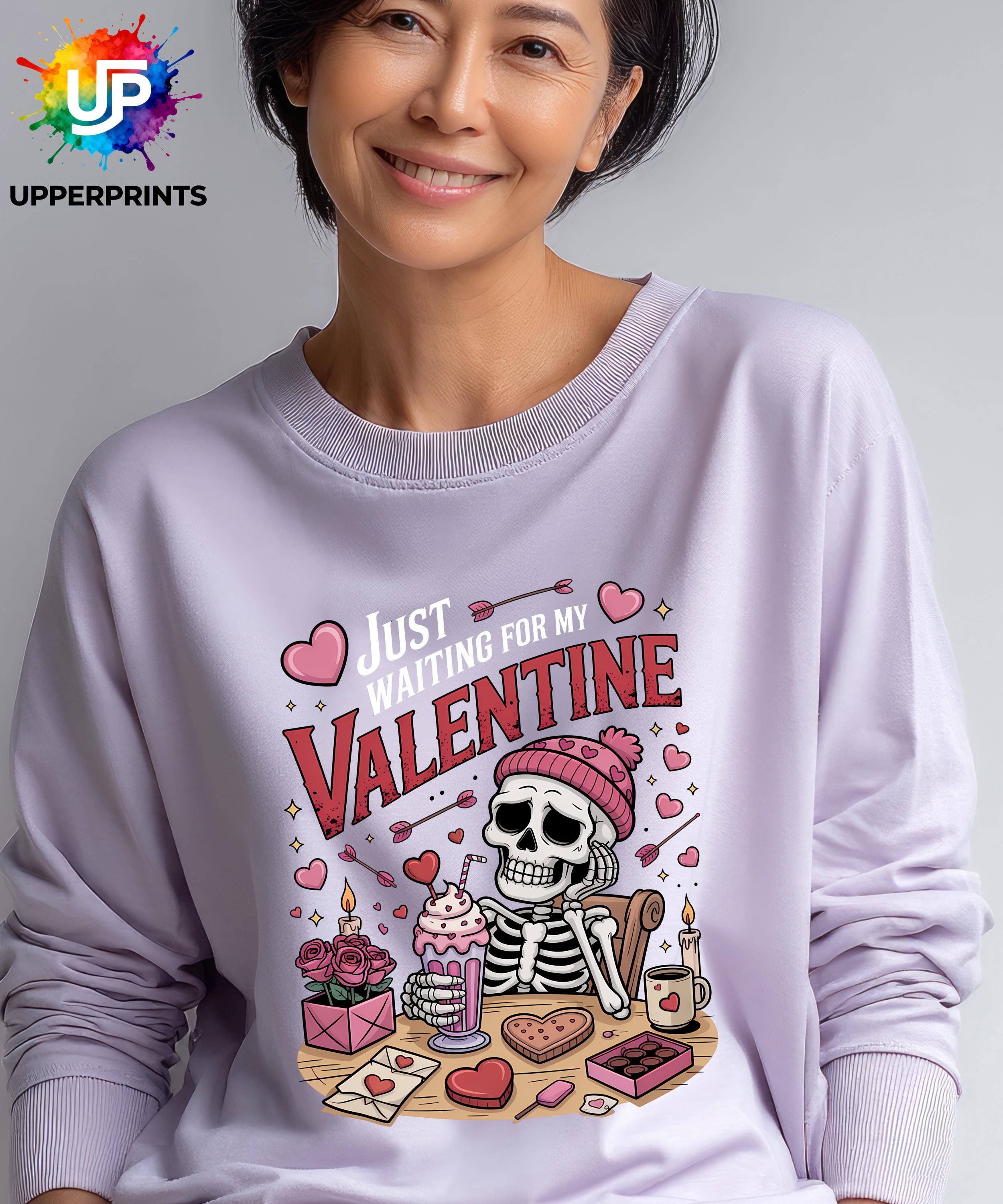 Funny Valentine's Sweatshirt - 'Just Waiting for My Valentine' Skeleton Graphic Tee, Perfect for Singles, Available in S to 5XL