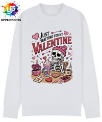 Funny Valentine's Sweatshirt - 'Just Waiting for My Valentine' Skeleton Graphic Tee, Perfect for Singles, Available in S to 5XL