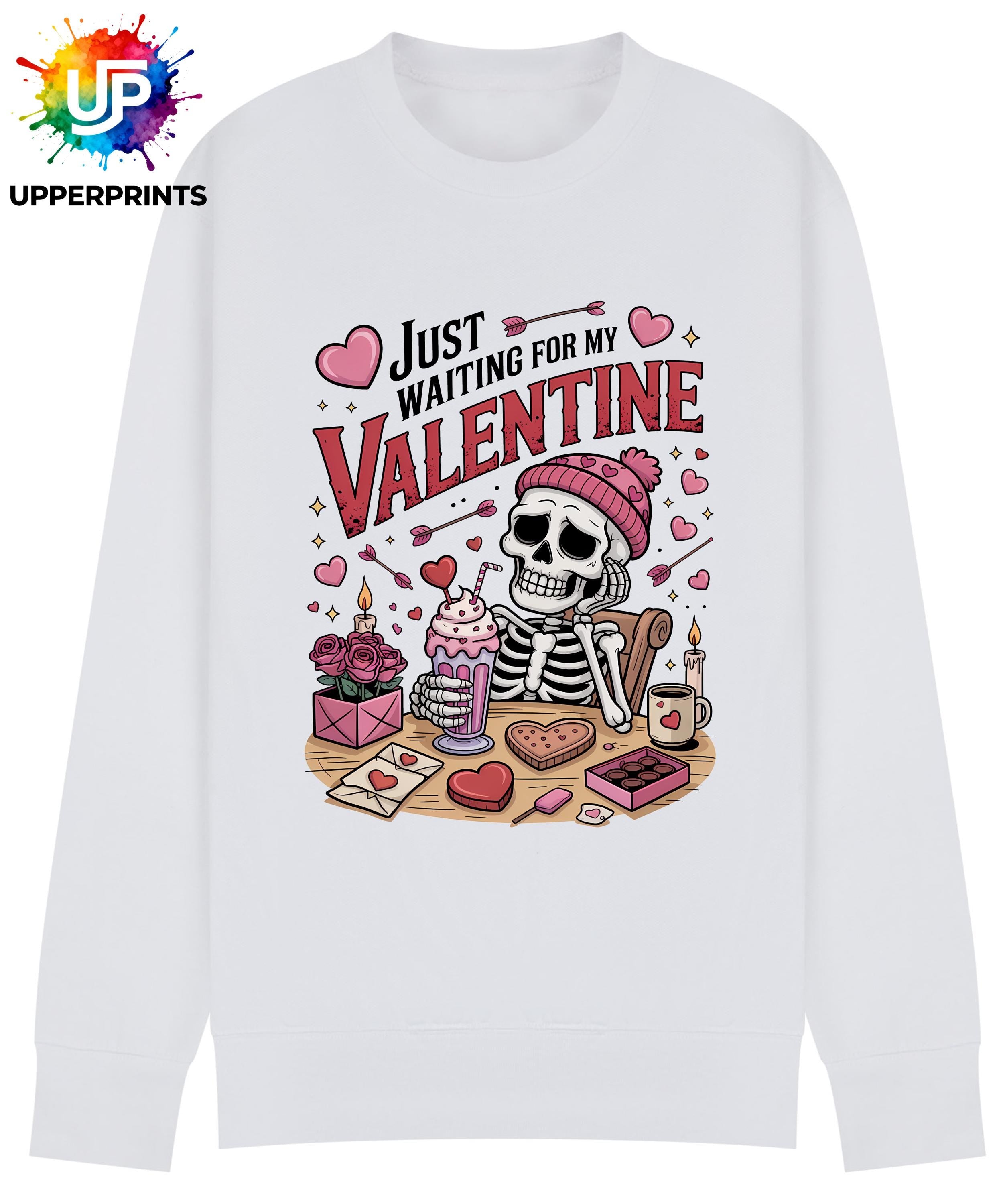 Funny Valentine's Sweatshirt - 'Just Waiting for My Valentine' Skeleton Graphic Tee, Perfect for Singles, Available in S to 5XL