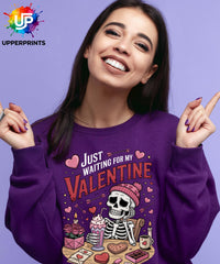 Funny Valentine's Sweatshirt - 'Just Waiting for My Valentine' Skeleton Graphic Tee, Perfect for Singles, Available in S to 5XL