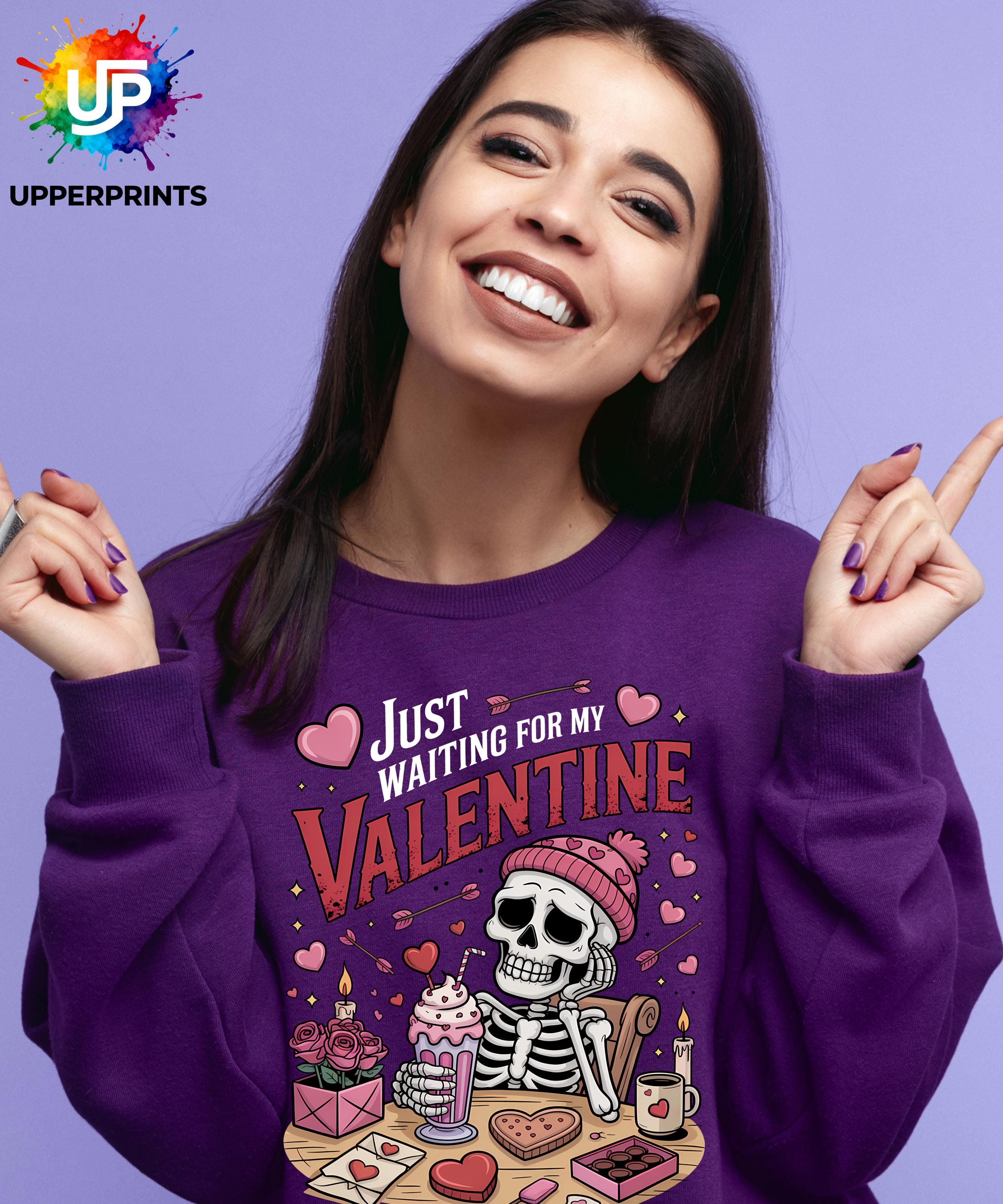 Funny Valentine's Sweatshirt - 'Just Waiting for My Valentine' Skeleton Graphic Tee, Perfect for Singles, Available in S to 5XL