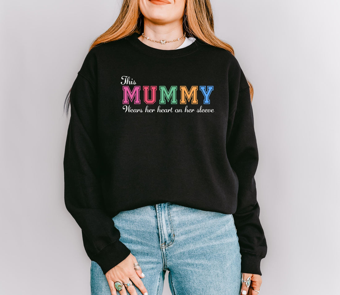This Mummy Wears Her Heart on Her Sleeve – Personalised Mum Sweatshirt – Custom Names – Mother’s Day Gift