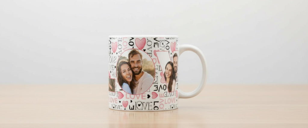 Personalised Valentine Photo Mug – Custom LOVE Mug with 4 Photos – Romantic Gift for Him or Her