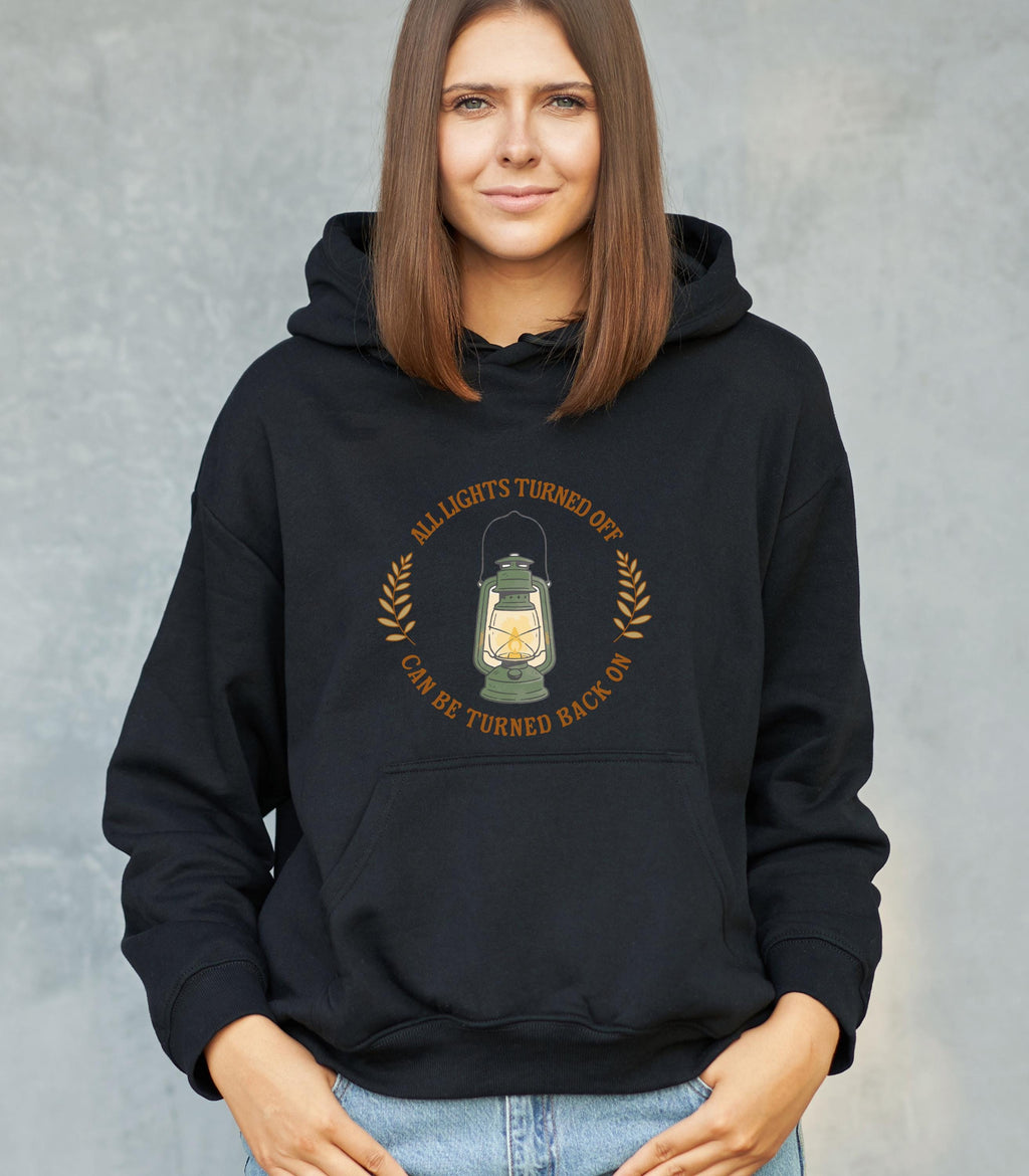 Noah Kahan Inspired hoodie | 'All Lights Turned Off Can Be Turned Back On' Lantern Hood | Sleeve detail