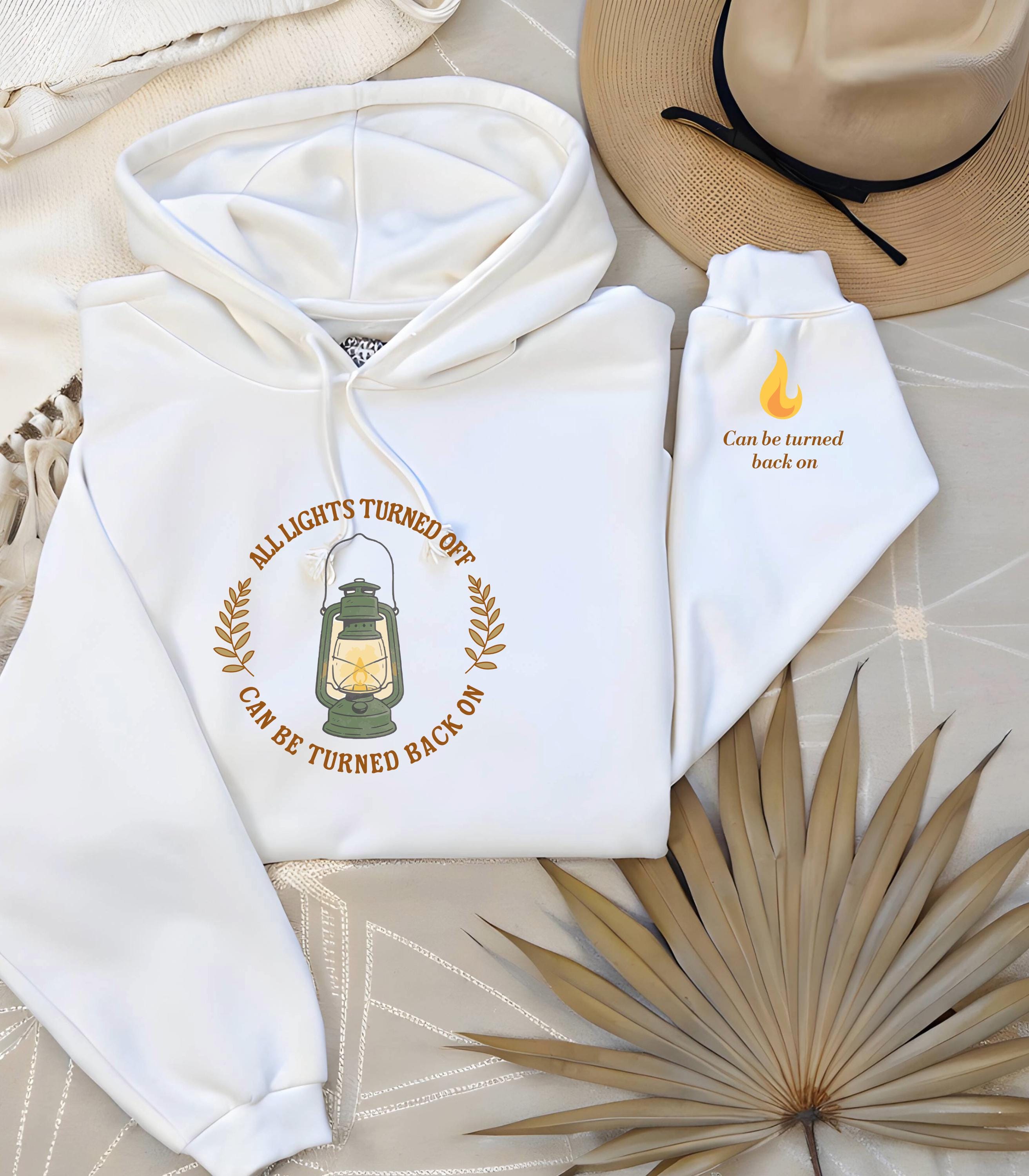 Noah Kahan Inspired hoodie | 'All Lights Turned Off Can Be Turned Back On' Lantern Hood | Sleeve detail