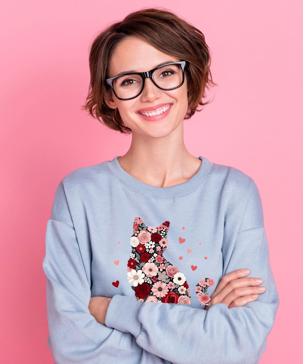 Floral Cat Sweatshirt, Cat Lover Jumper, Flower Kitty Design, Cozy Sweater, Gift for Cat Mum, Sizes S–5XL