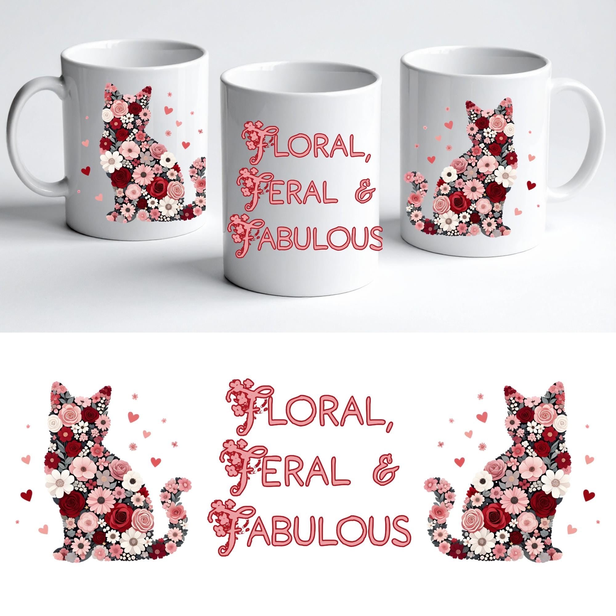 Floral Cat Mug, 'Floral Feral Fabulous' , Cat Lover Coffee Cup, Gift for Cat Mum