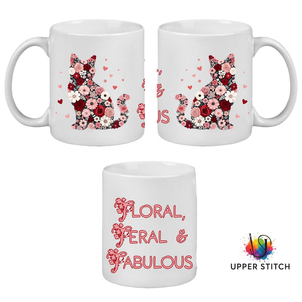 Floral Cat Mug, 'Floral Feral Fabulous' , Cat Lover Coffee Cup, Gift for Cat Mum