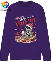 Funny Valentine's Sweatshirt - 'Just Waiting for My Valentine' Skeleton Graphic Tee, Perfect for Singles, Available in S to 5XL