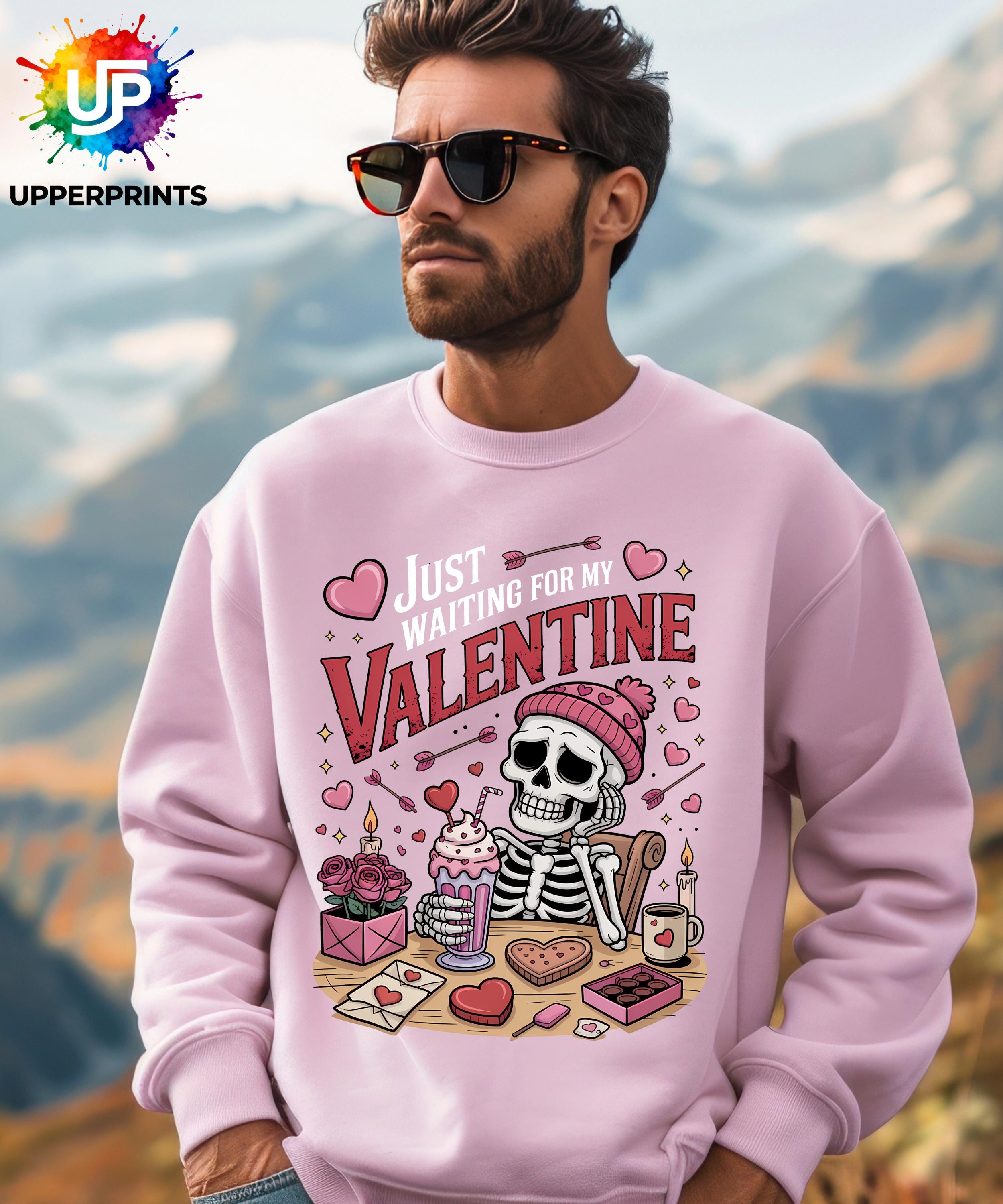 Funny Valentine's Sweatshirt - 'Just Waiting for My Valentine' Skeleton Graphic Tee, Perfect for Singles, Available in S to 5XL