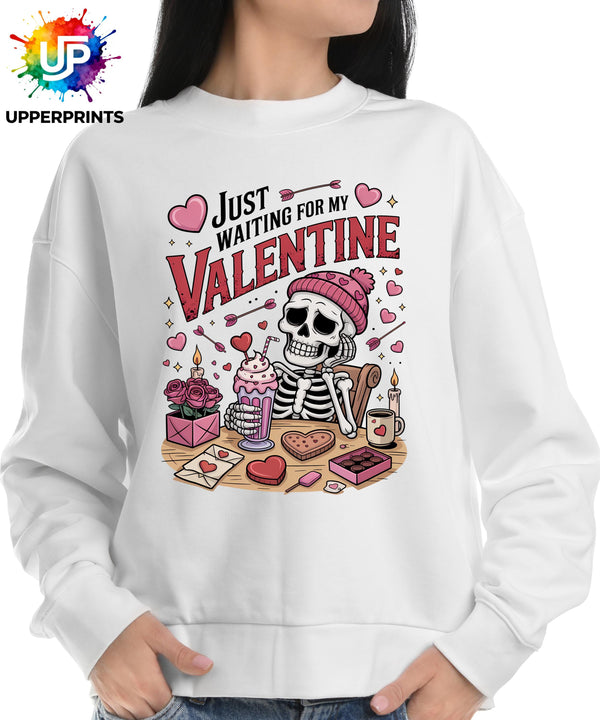 Funny Valentine's Sweatshirt - 'Just Waiting for My Valentine' Skeleton Graphic Tee, Perfect for Singles, Available in S to 5XL