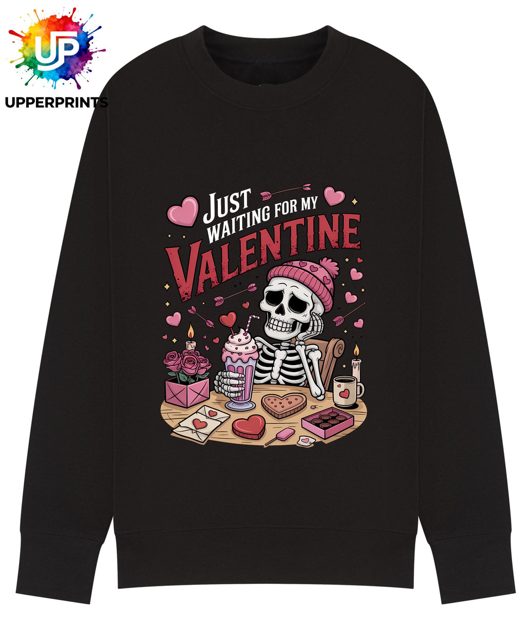 Funny Valentine's Sweatshirt - 'Just Waiting for My Valentine' Skeleton Graphic Tee, Perfect for Singles, Available in S to 5XL