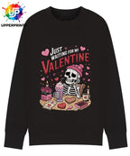 Funny Valentine's Sweatshirt - 'Just Waiting for My Valentine' Skeleton Graphic Tee, Perfect for Singles, Available in S to 5XL