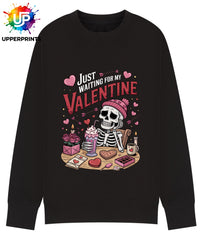 Funny Valentine's Sweatshirt - 'Just Waiting for My Valentine' Skeleton Graphic Tee, Perfect for Singles, Available in S to 5XL