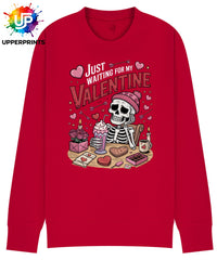 Funny Valentine's Sweatshirt - 'Just Waiting for My Valentine' Skeleton Graphic Tee, Perfect for Singles, Available in S to 5XL
