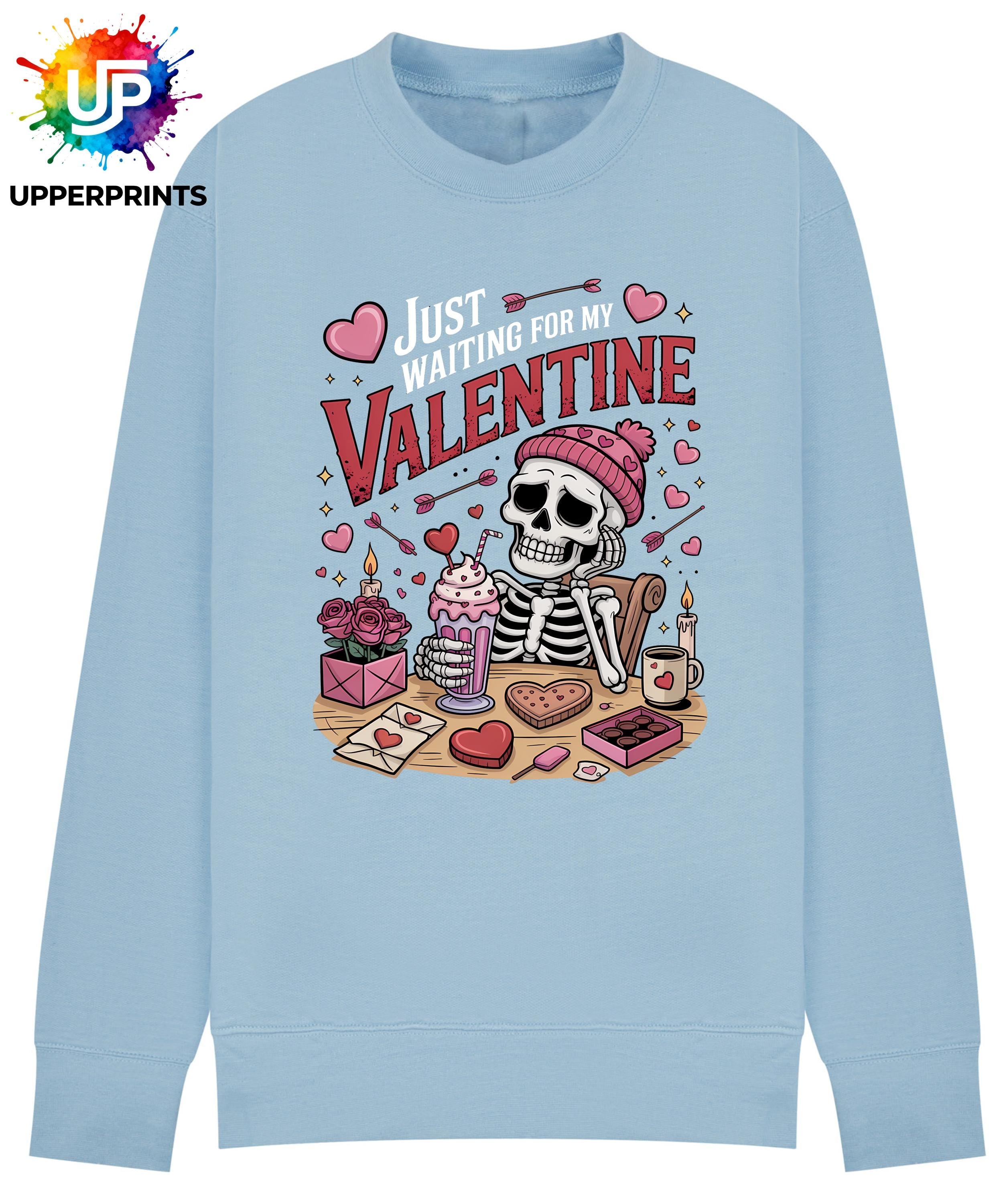 Funny Valentine's Sweatshirt - 'Just Waiting for My Valentine' Skeleton Graphic Tee, Perfect for Singles, Available in S to 5XL