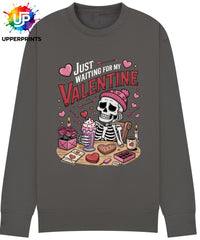 Funny Valentine's Sweatshirt - 'Just Waiting for My Valentine' Skeleton Graphic Tee, Perfect for Singles, Available in S to 5XL