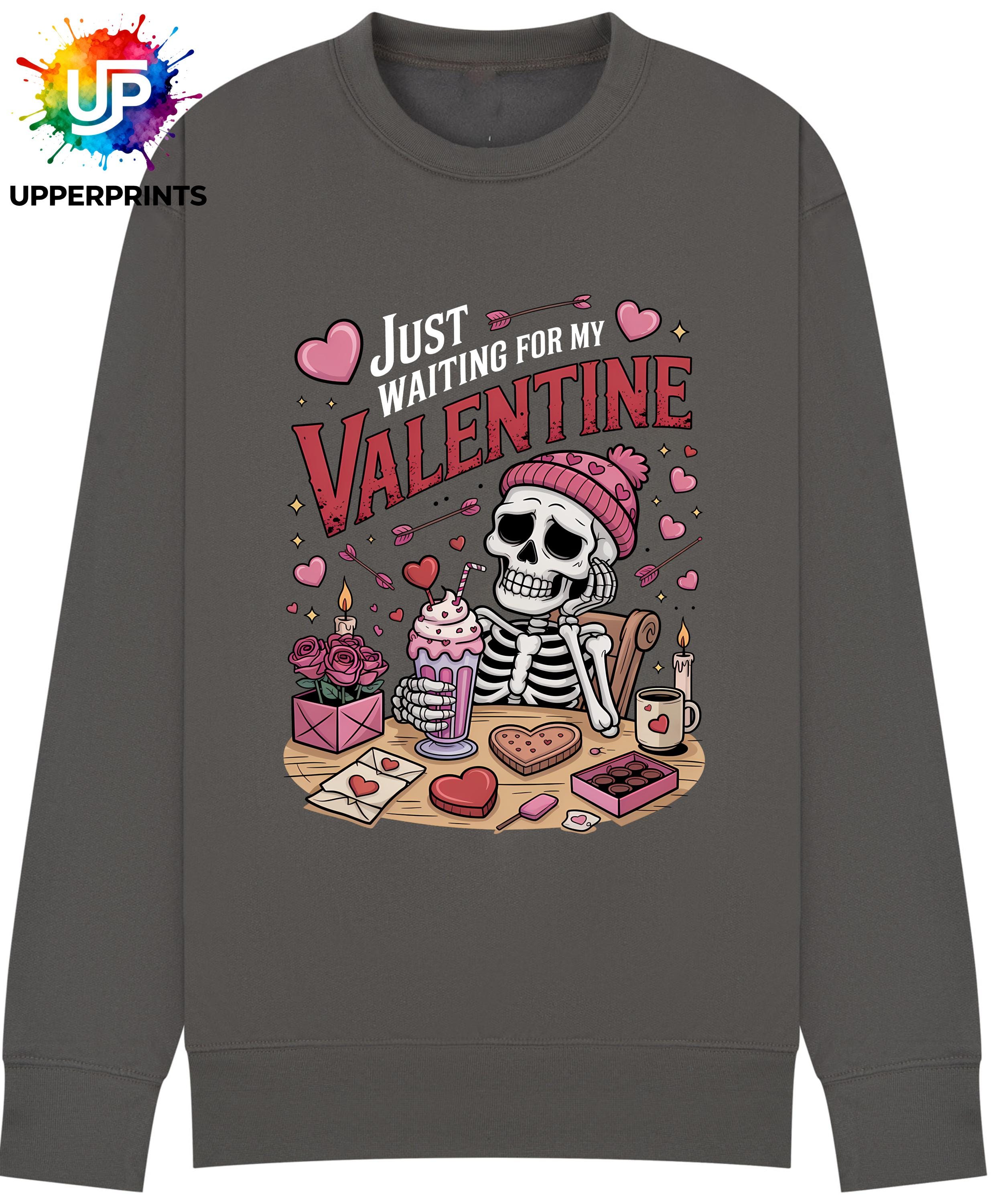 Funny Valentine's Sweatshirt - 'Just Waiting for My Valentine' Skeleton Graphic Tee, Perfect for Singles, Available in S to 5XL