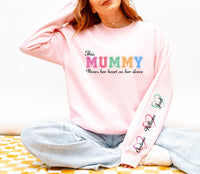 This Mummy Wears Her Heart on Her Sleeve – Personalised Mum Sweatshirt – Custom Names – Mother’s Day Gift