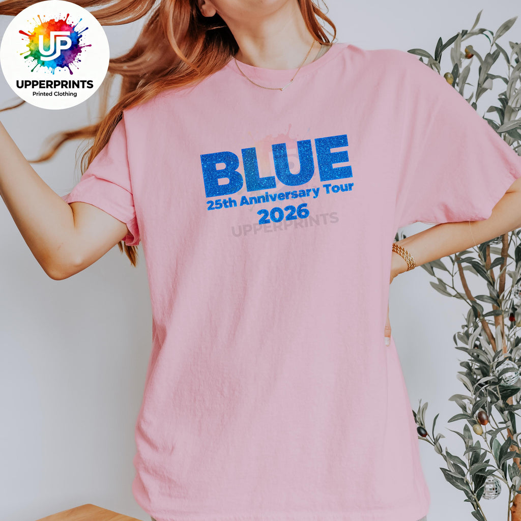 Blue 25th Anniversary Tour 2026 T-Shirt | Glitter Effect Print, Plus Size