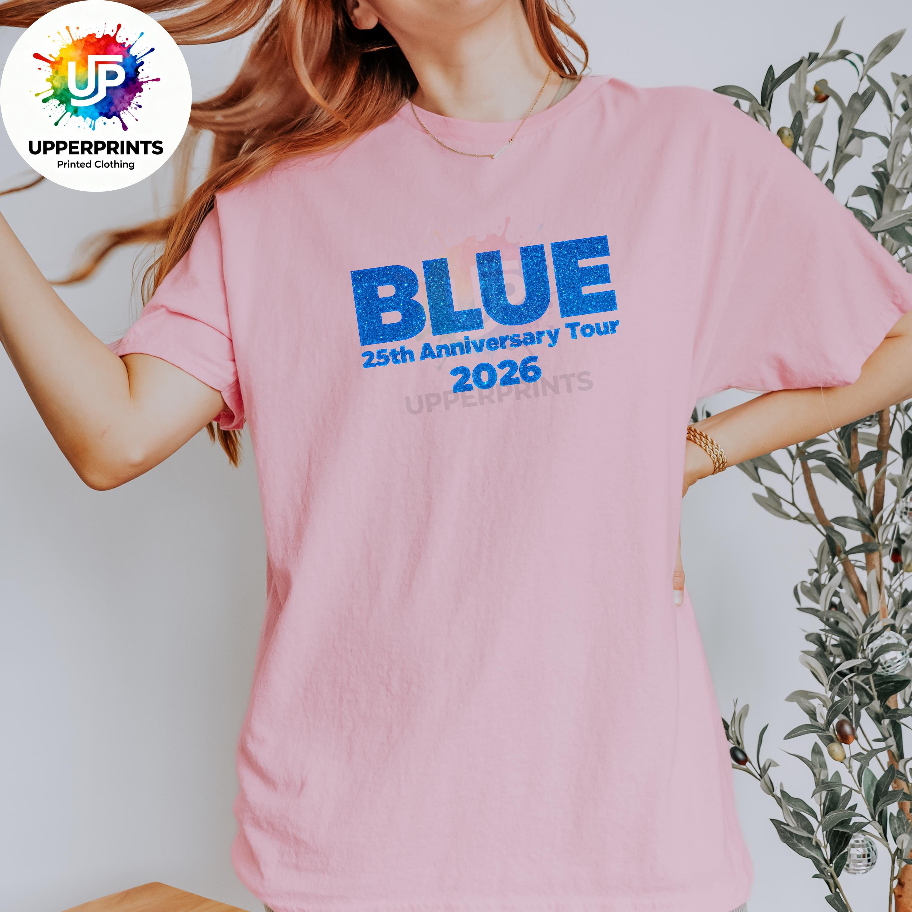 Blue 25th Anniversary Tour 2026 T-Shirt | Glitter Effect Print, Plus Size