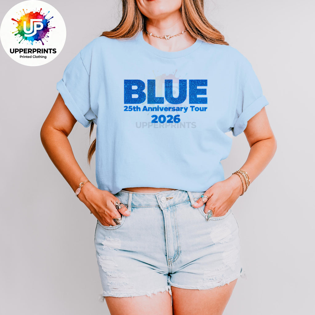 Blue 25th Anniversary Tour 2026 T-Shirt | Glitter Effect Print, Plus Size