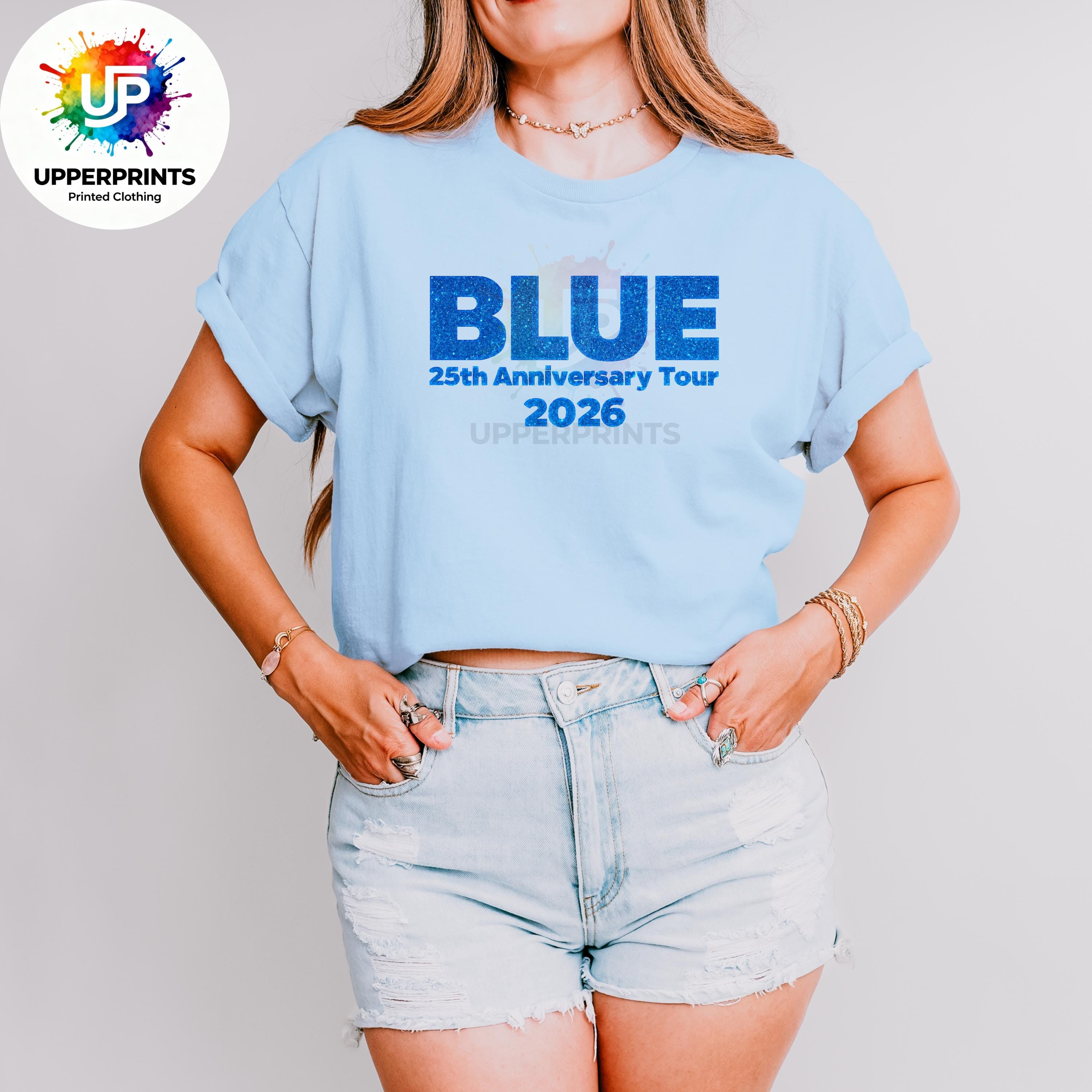 Blue 25th Anniversary Tour 2026 T-Shirt | Glitter Effect Print, Plus Size