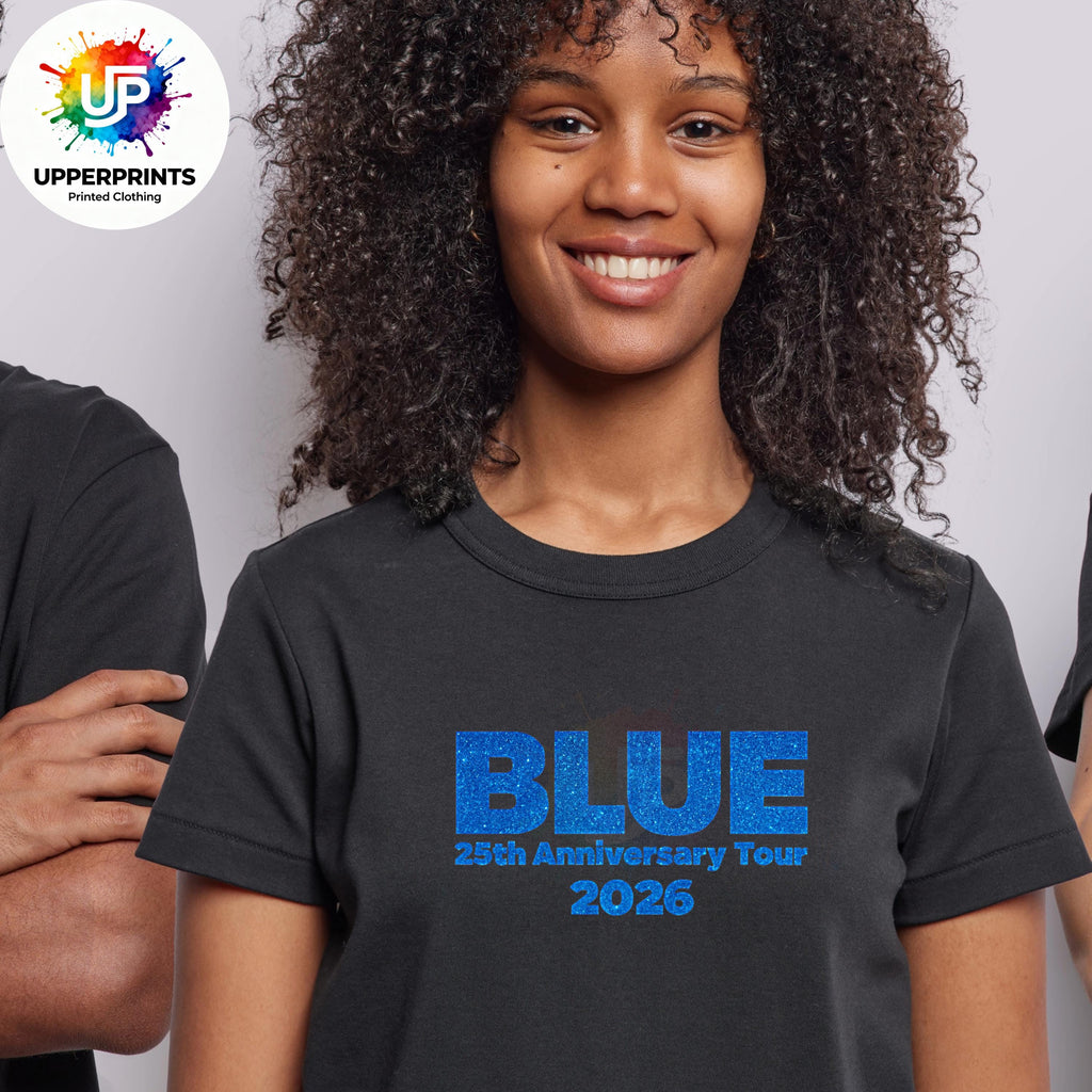 Blue 25th Anniversary Tour 2026 T-Shirt | Glitter Effect Print, Plus Size