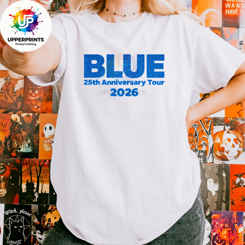 Blue 25th Anniversary Tour 2026 T-Shirt | Glitter Effect Print, Plus Size