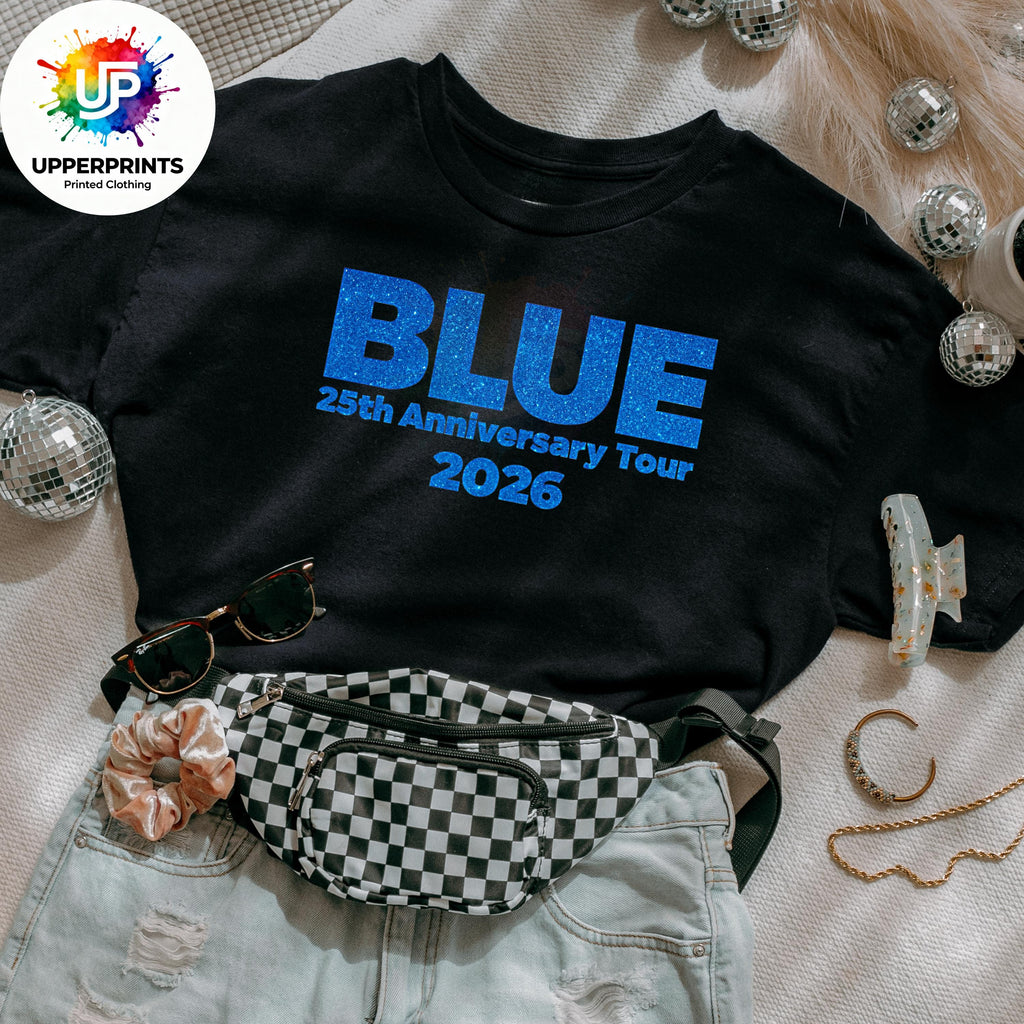 Blue 25th Anniversary Tour 2026 T-Shirt | Glitter Effect Print, Plus Size