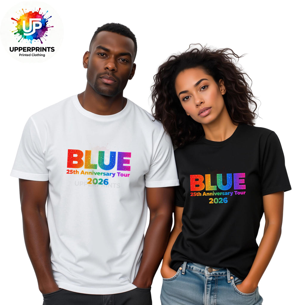 Blue 25th Anniversary Tour 2026 T-Shirt | Rainbow Glitter Effect Print, Plus Size