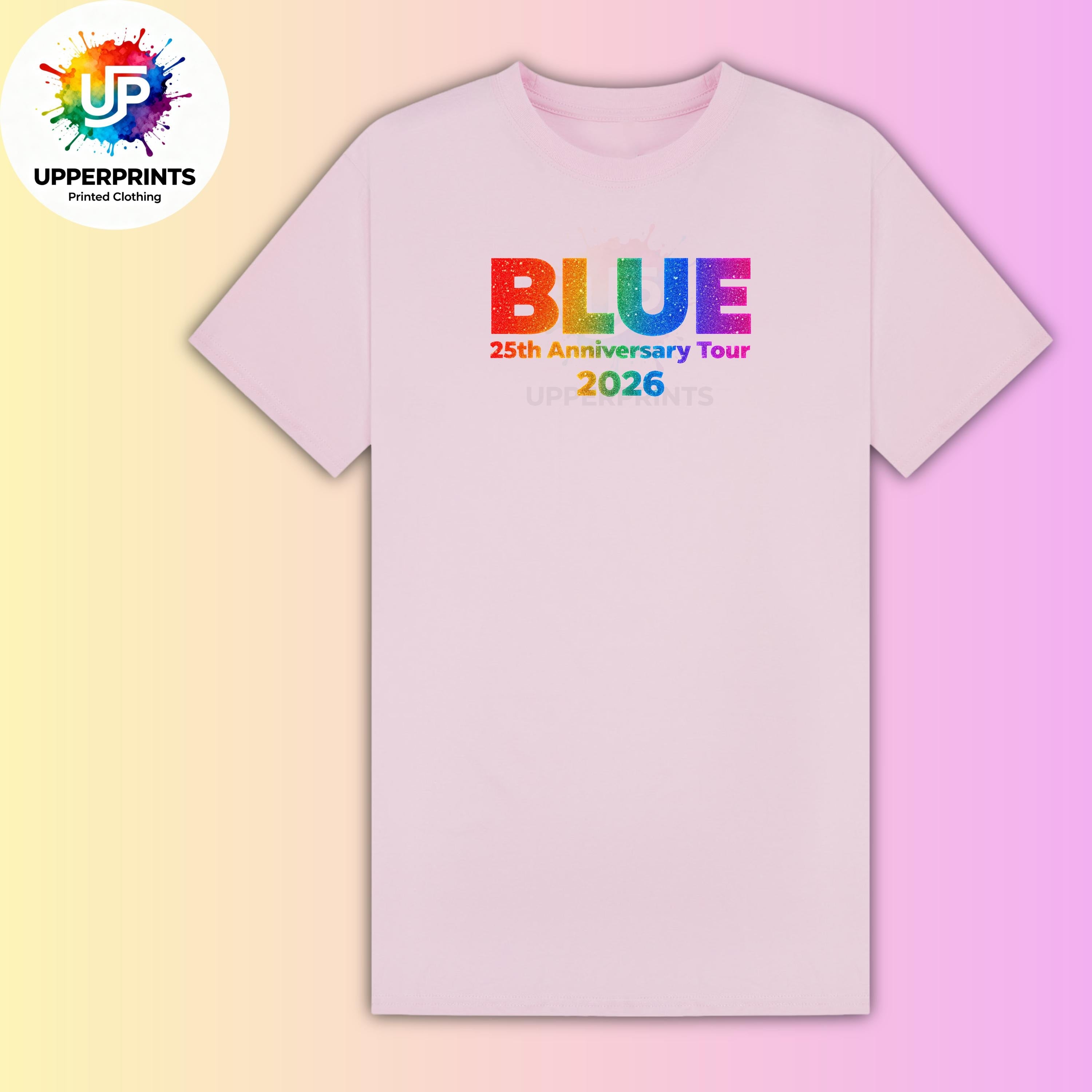 Blue 25th Anniversary Tour 2026 T-Shirt | Rainbow Glitter Effect Print, Plus Size