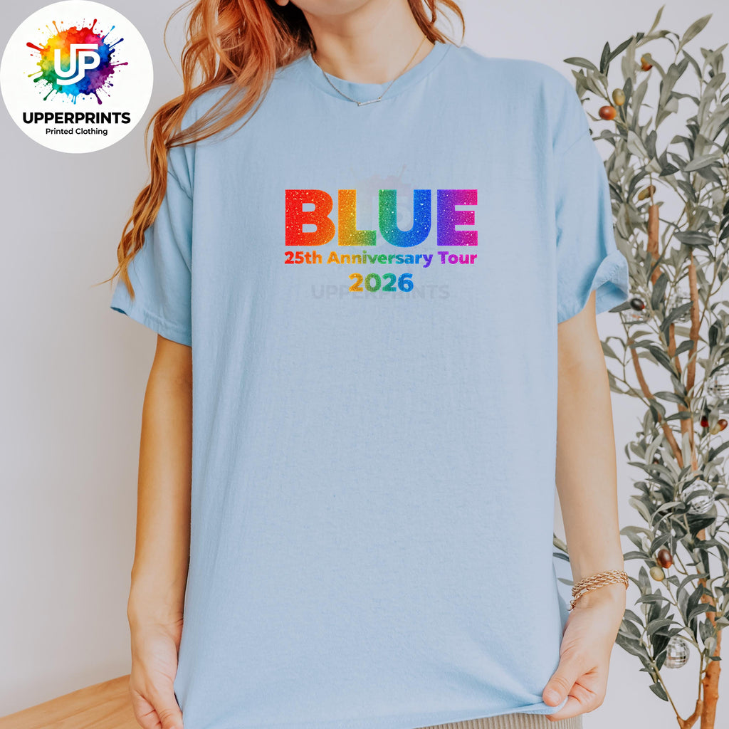 Blue 25th Anniversary Tour 2026 T-Shirt | Rainbow Glitter Effect Print, Plus Size
