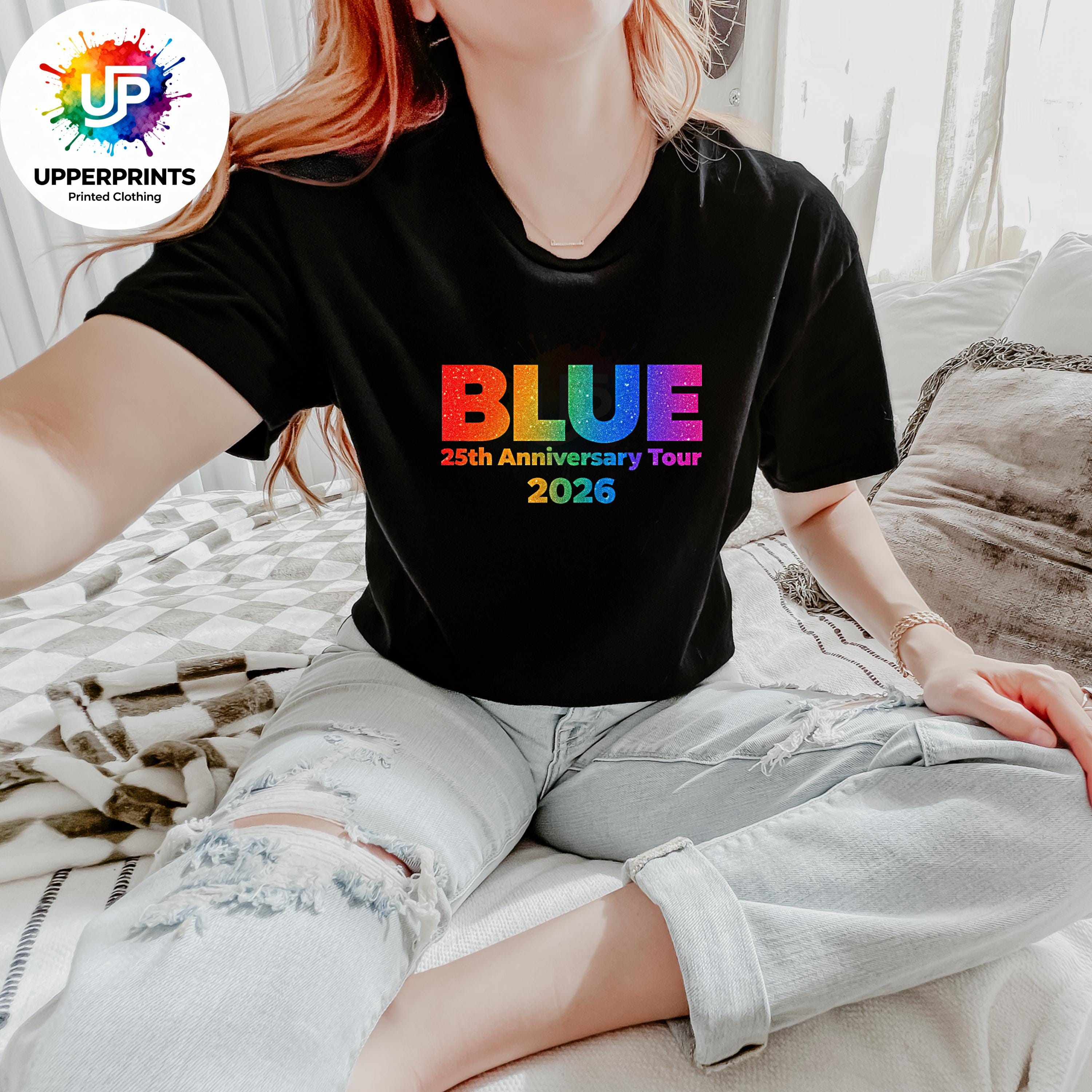 Blue 25th Anniversary Tour 2026 T-Shirt | Rainbow Glitter Effect Print, Plus Size