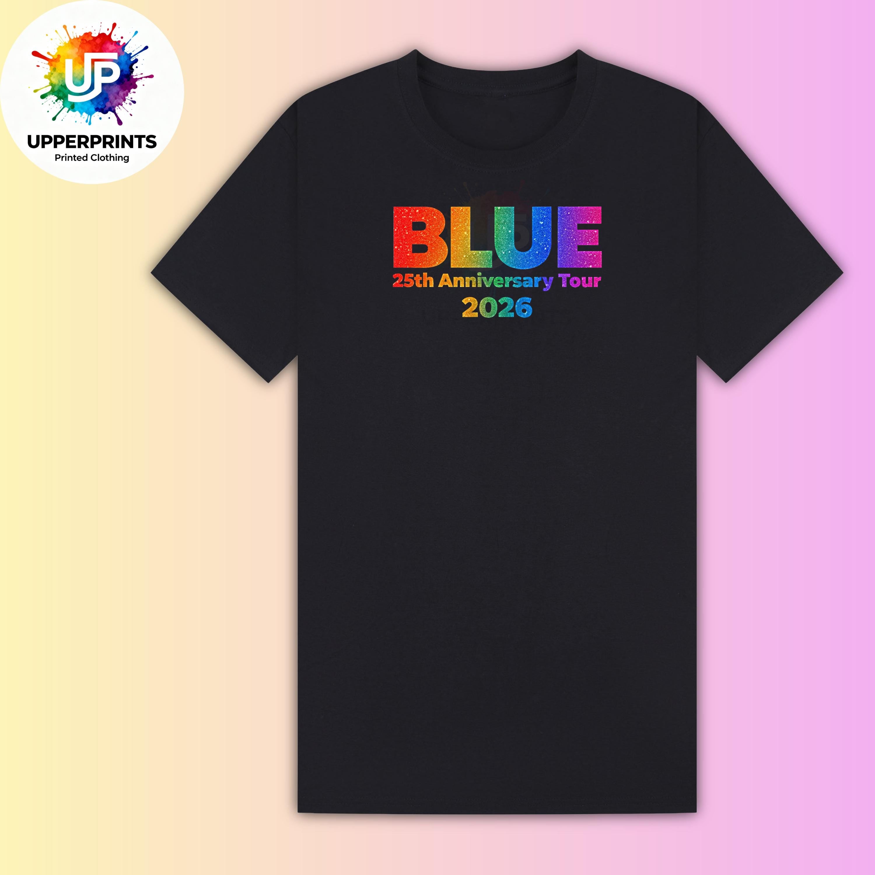 Blue 25th Anniversary Tour 2026 T-Shirt | Rainbow Glitter Effect Print, Plus Size