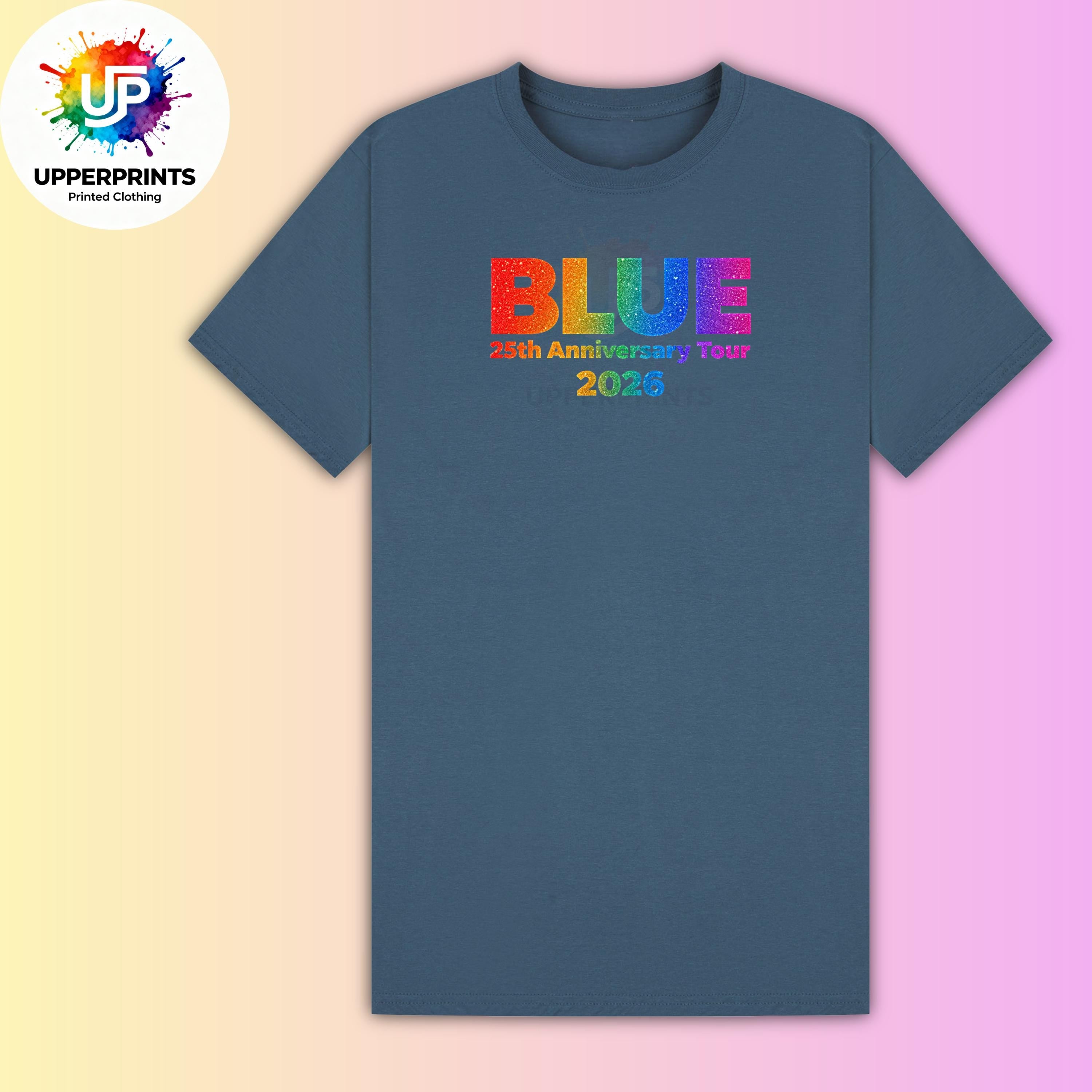 Blue 25th Anniversary Tour 2026 T-Shirt | Rainbow Glitter Effect Print, Plus Size