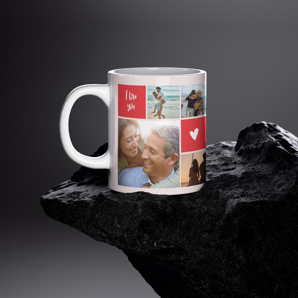 Personalised Valentine Photo Mug – Custom picture Mug with up to 8 Photos – Romantic Gift for Him or Her