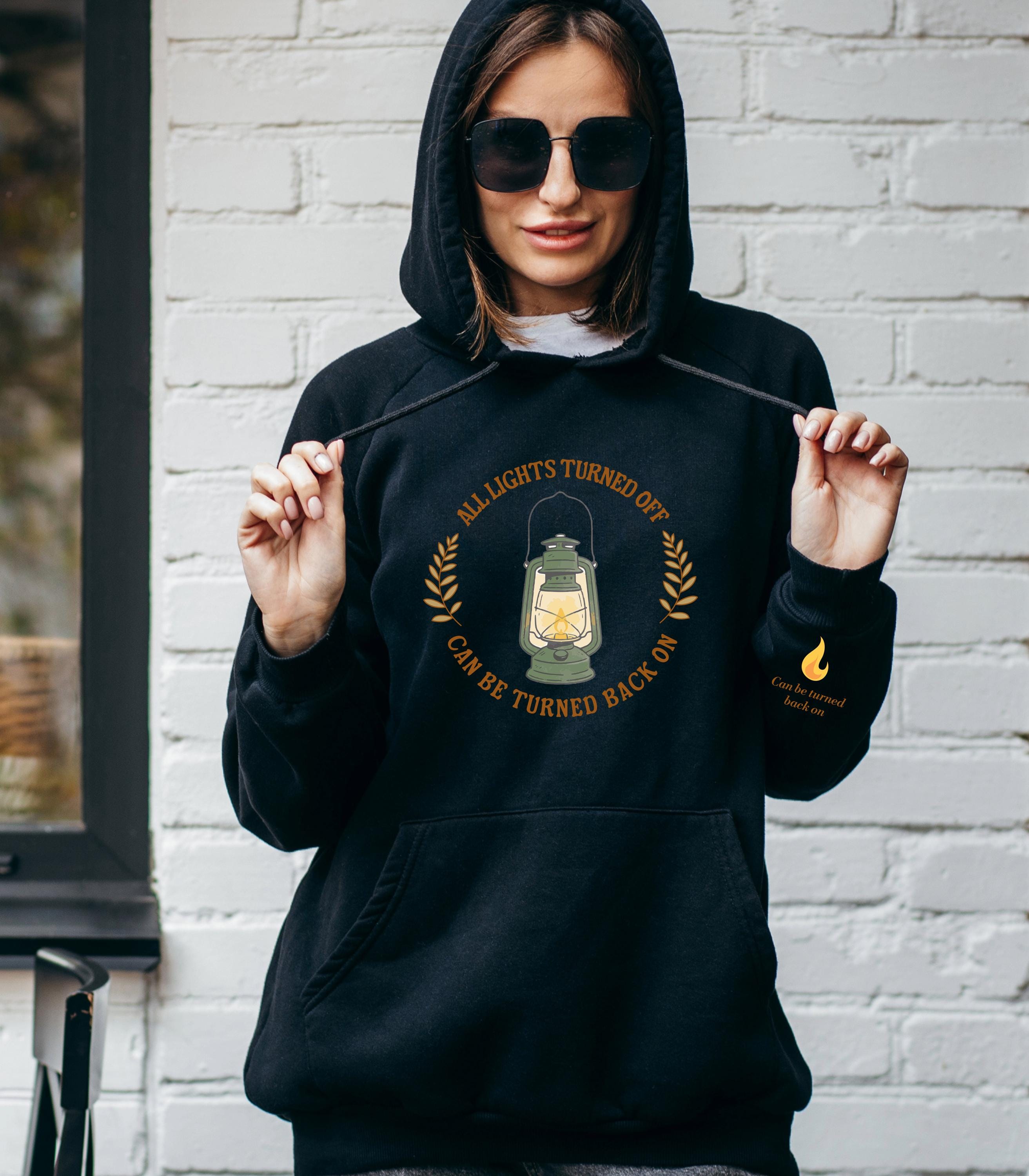 Noah Kahan Inspired hoodie | 'All Lights Turned Off Can Be Turned Back On' Lantern Hood | Sleeve detail